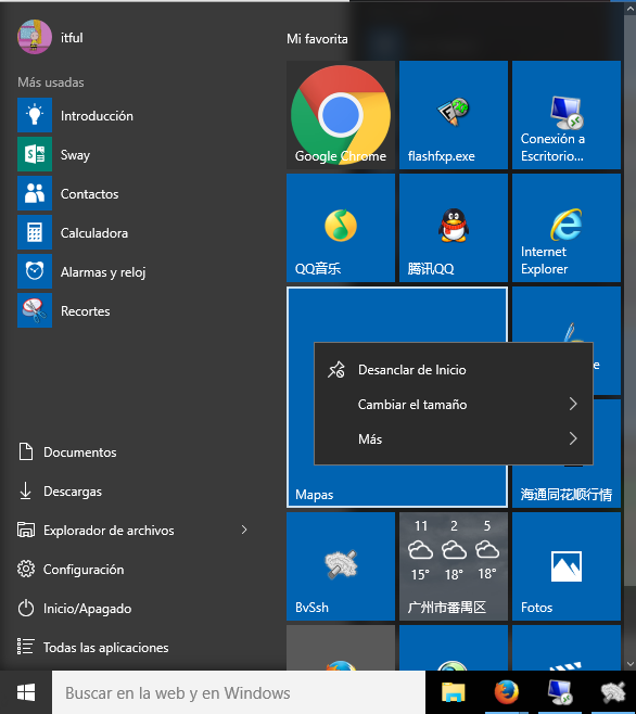 Menú de Inicio de Windows 10